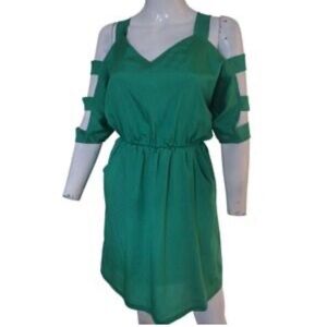 a'gaci Vibrant Green Cold Shoulder Mini silky Dress lined  pockets elastic waist